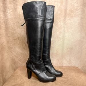 Y2K Lauren Ralph Lauren Black Leather Over the Knee High Heeled Boots Zip Euro